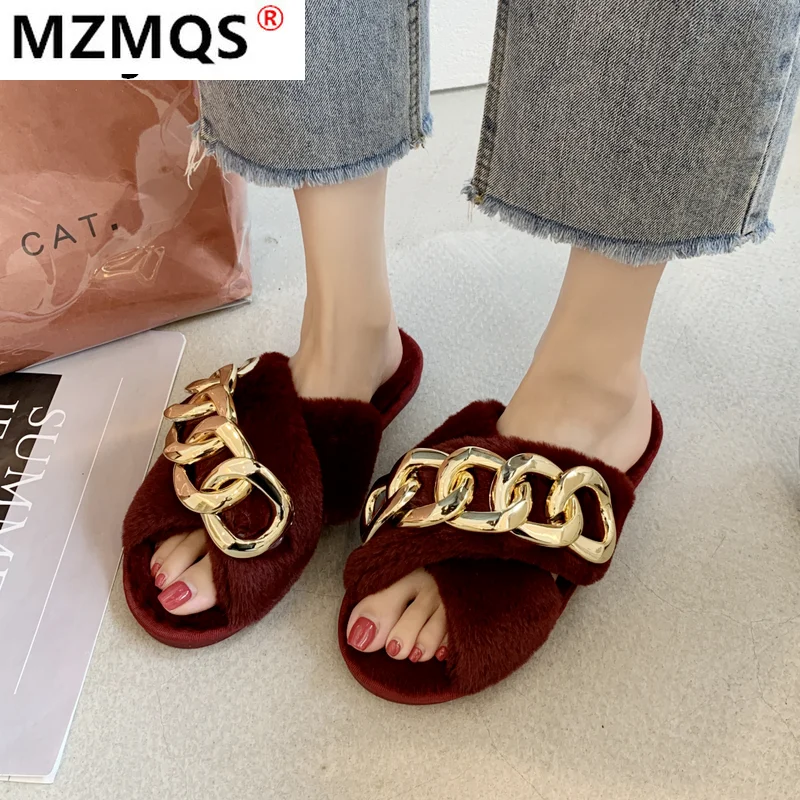 

2021 Winter New Women Home Fur Slippers Fashion Chain Decoration Sexy Open Toes Ladies Slippers Bedroom Pink Girls Plush Shoes