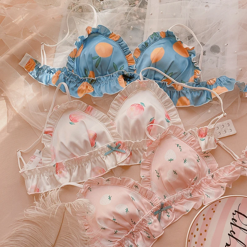 

Японский милый комплект нижнего белья с клубничным принтом листьев лотоса и треугольной чашкой без стальных колец Комплект с атласным бюст...
