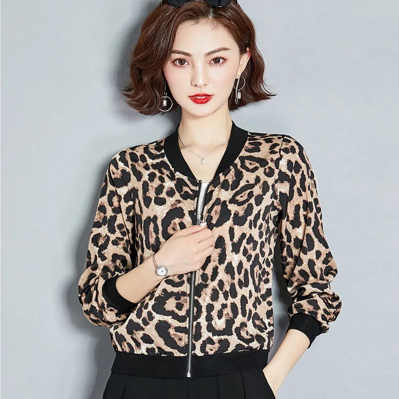 

Leopard Print Women Jacket thin Coat Stand Collar Long Sleeve Bomber Jacket Casual Tops Jacket Woman big size Tops Ladies Coats