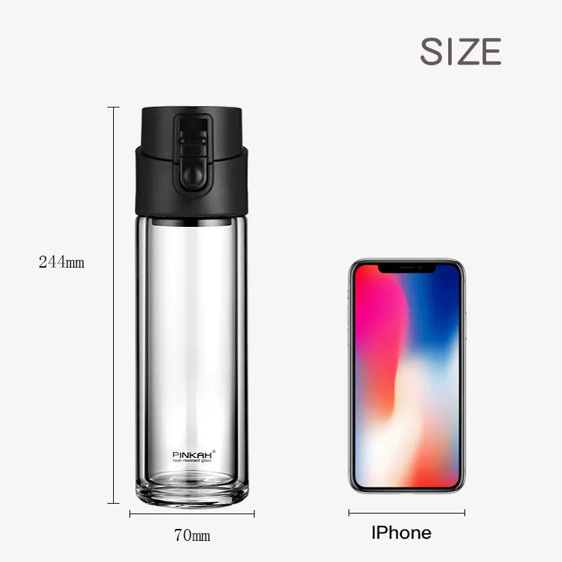 Pinkah Drinking Cup 2-Layer High Borosilicate Glass with Tea Filter Bouncing Lid 380ml Leak-Proof Travel Water Bottle | Дом и сад