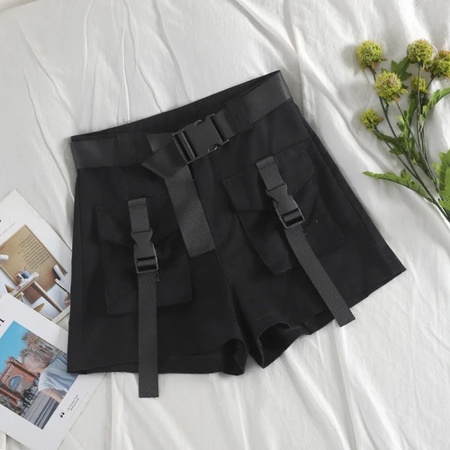 black Neploe, модные женские шорты с поясом в стиле сафари, шорты с карманами, женские свободные шорты в Корейском стиле, женские шорты с высокой талией, 45327 - Цвет: black