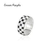 green purple real 925 sterling silver modern plaid finger ring for young ladies adjustable party vintage enamel rings jewelry