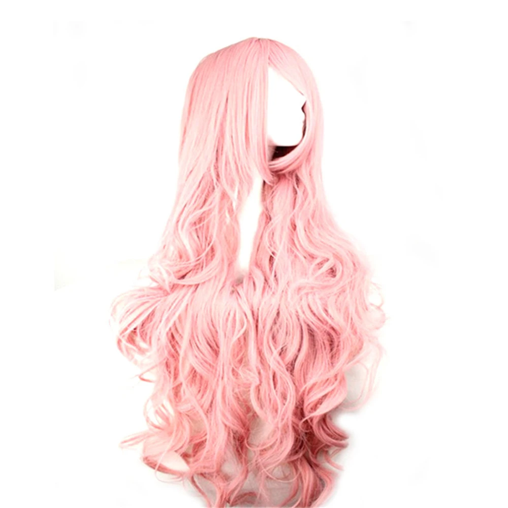 WoodFestival Synthetic Hair 100 cm Pink Wavy Wig With Bangs Female Cosplay Wigs For Women Long Yellow Purple Halloween Party