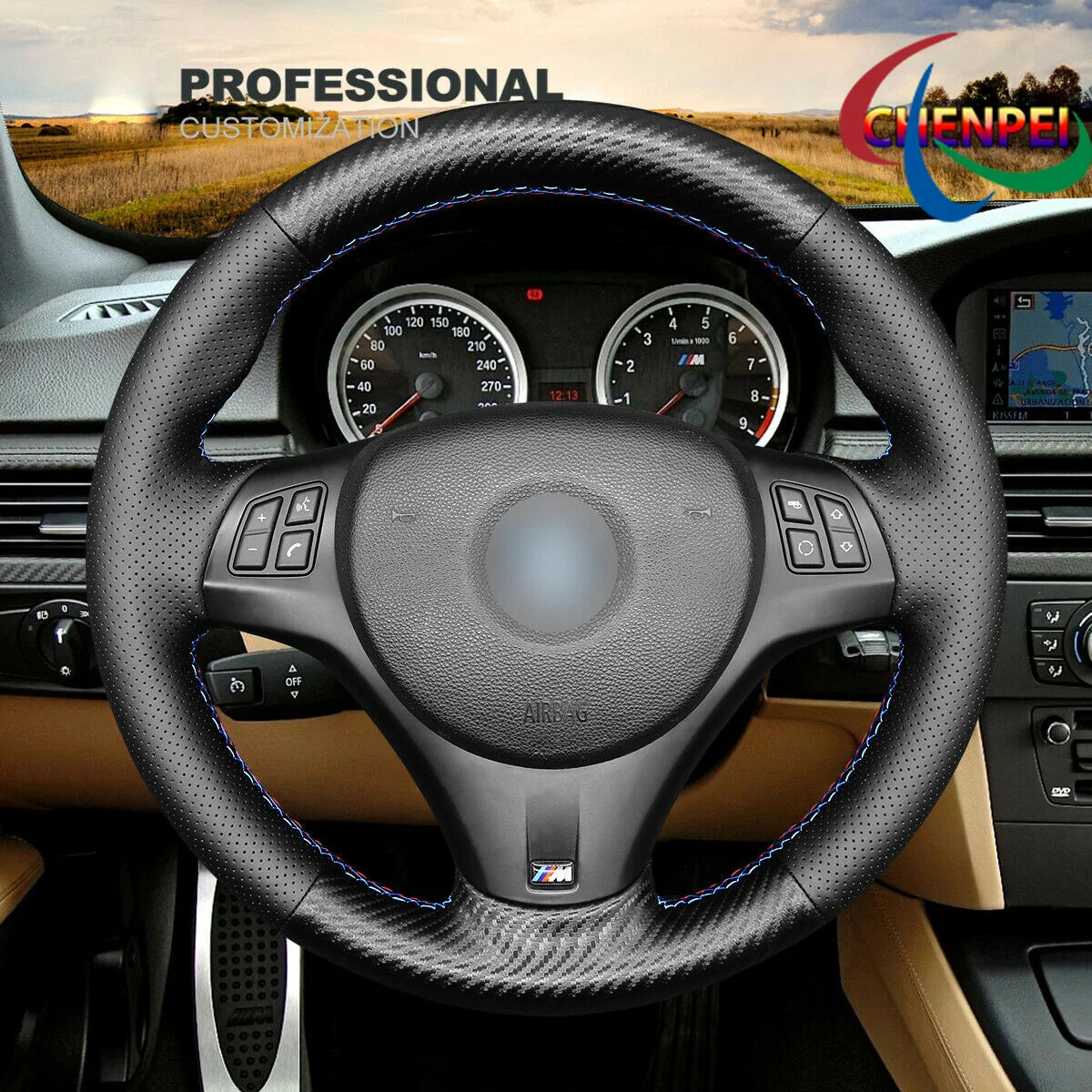 

DIY Hand-Sewn Carbon Fiber Black Leather Car Steering Wheel Cover For BMW E81 E82 E87 E88 M3 E90 Car Interior Accessories