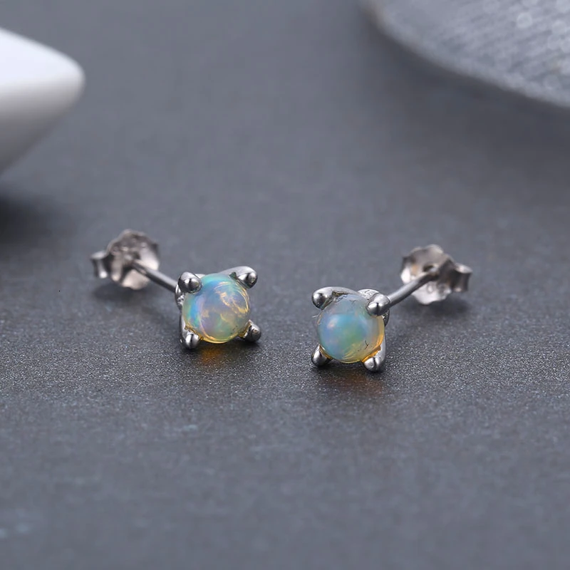 Женские маленькие круглые серьги пусеты с опалом 4 мм из стерлингового серебра 925