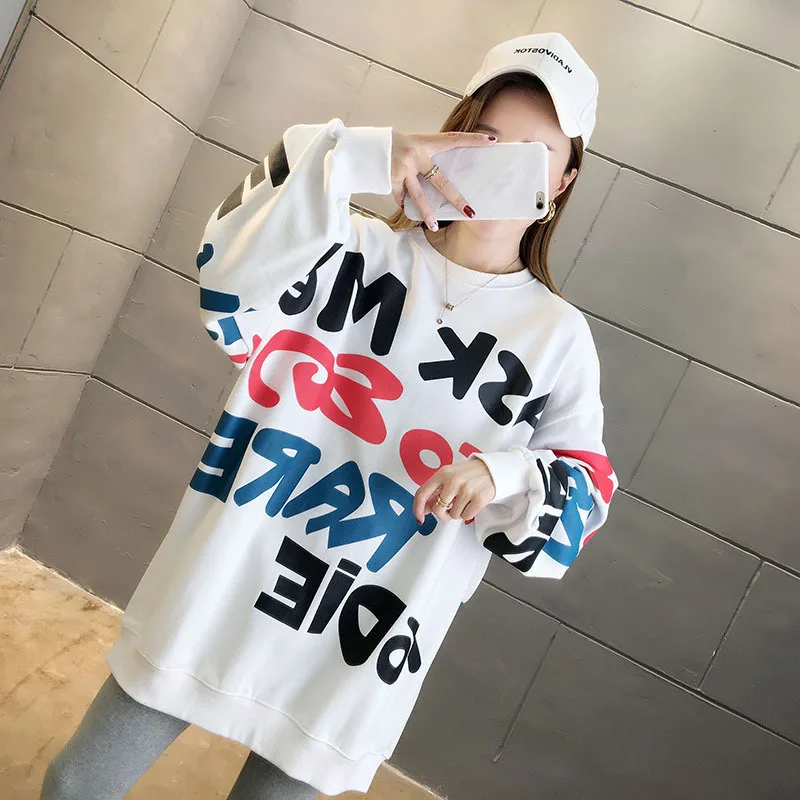 

CN 2020 Women Sweatshirt Winter Korean O Neck Letter Print Casual Pullovers Fashion Long Sleeve Fleece Sweatshirt Women