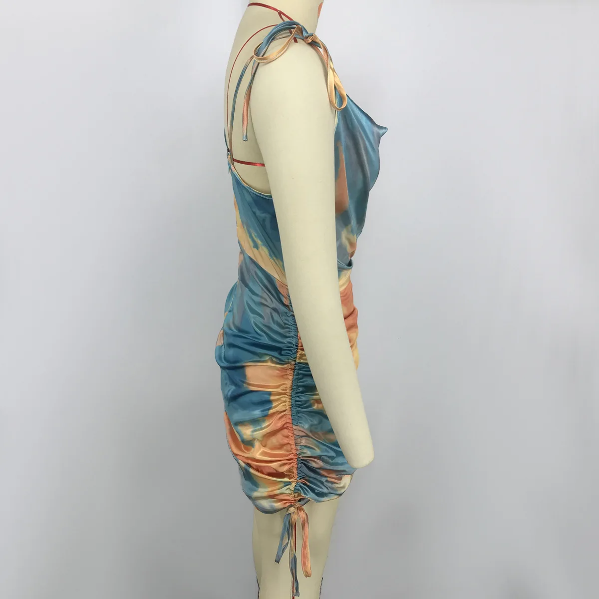 

Women Sleeveless Short Beach Dress Satin Mini Dress Ruched Pleated Drawstring Casual Dress Female Vestidos NS0060