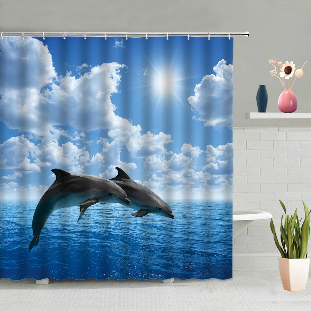 

Занавеска для душа с изображением морских животных, дельфинов, черепашек, подводный мир, украшение для ванной комнаты, занавески для ванной ...