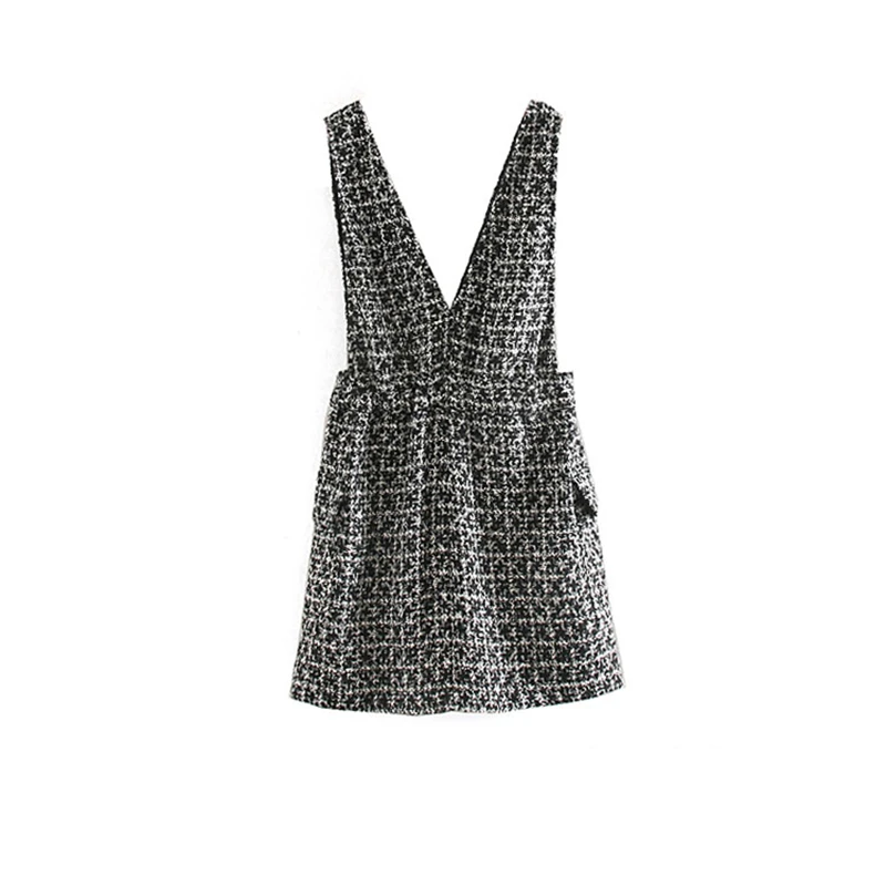 Winter Tweed Dress Woman Elegant Plaid Mini Deep V Neck Women Vintage Sleeveless Dresses Ladies Korean Overall 2020 | Женская одежда