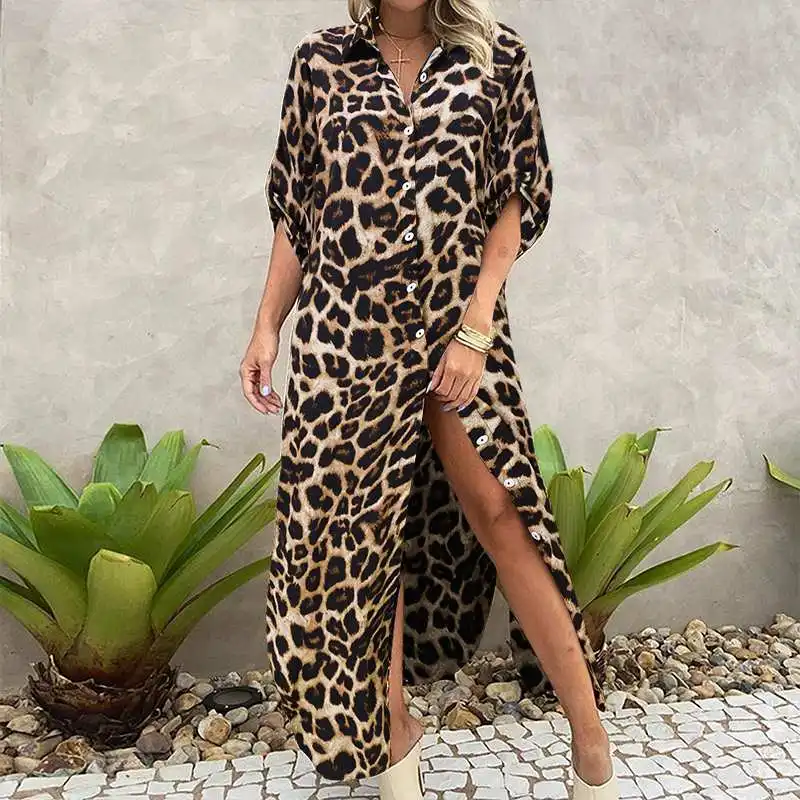 

VONDA Women Long Sleeve Shirt Dress 2021 Vintage Leopard Printed Pleated Long Dresses Casual Lapel Collar Button Up Vestidos