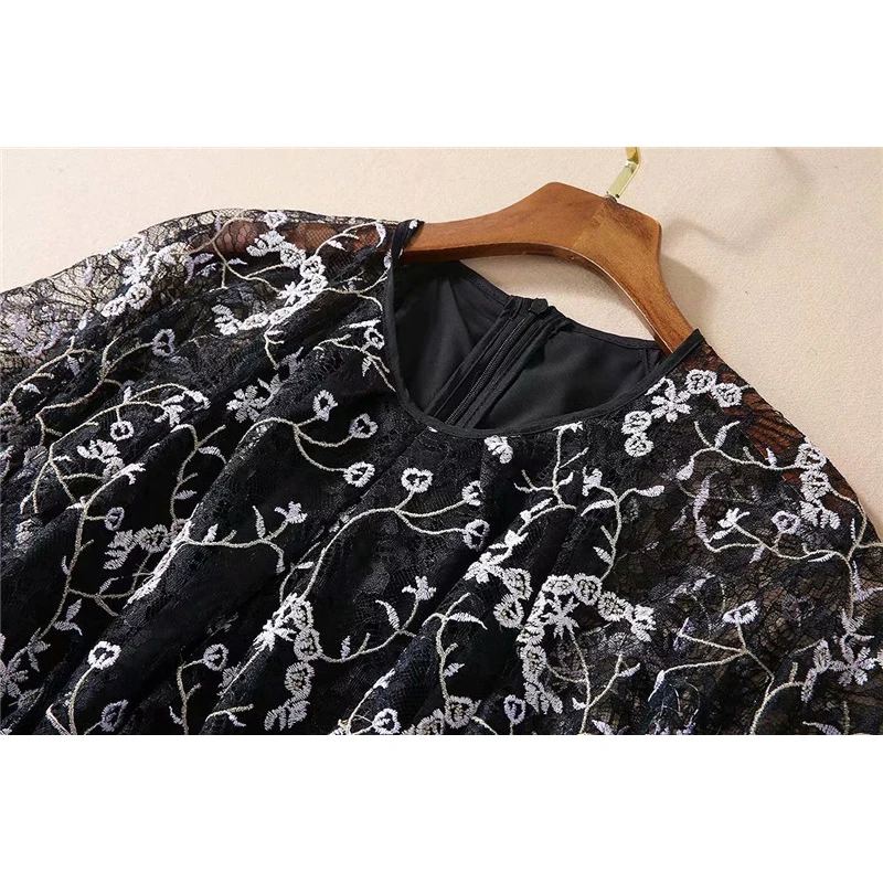 

Runway Long Dress Summer 2020 New Woman Clothes Fashion Butterfly Sleeves Heavy Embroidery Sexy Black Lace Party Dresses