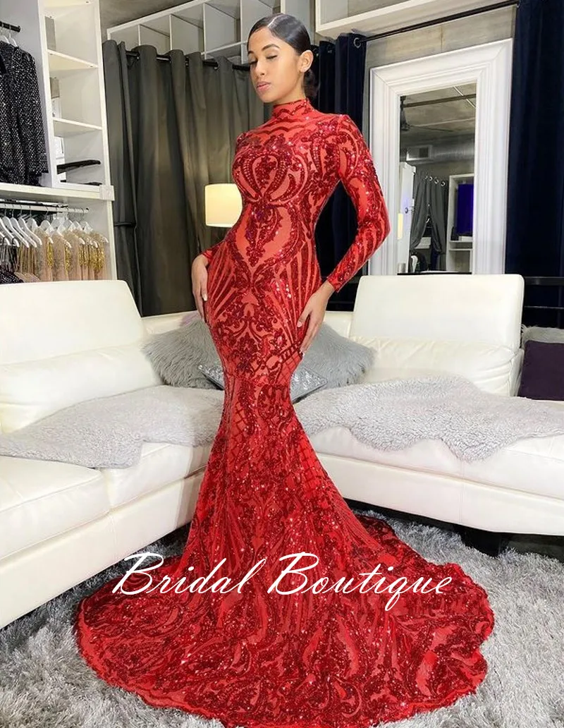 

Sequins Long Prom Dresses High Neck Long Sleeves Mermaid Black Girls Formal Party Dress Sparkly Wedding Gowns