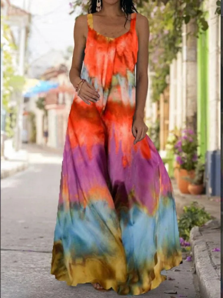 

2021 Summer Women Long Maxi Dress Bohemian Suspender Strapless Mop Robe Tie Dye 3D Printed Sleeveless Vestido New Design Female
