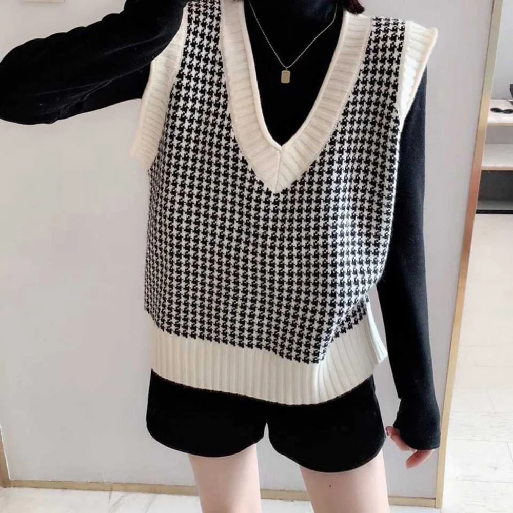

Women e girl Oversized Knitted Vest Sweater V Neck Sleeveless Houndstooth Pullover Female Waistcoat Chic Top Y 2k Winter Clothes