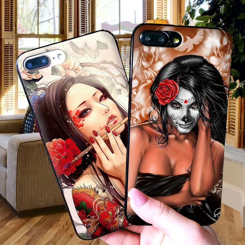 Ожесточенная Татуировка Череп Девушка Мягкий силиконовый чехол для iPhone X XS Max XR 7 8