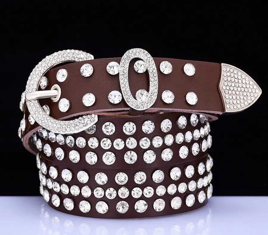 Fashion genuine leather rhinestone belts for women Luxury shining silver ring Pin Buckle belt female jeans strap width 2.8 cm