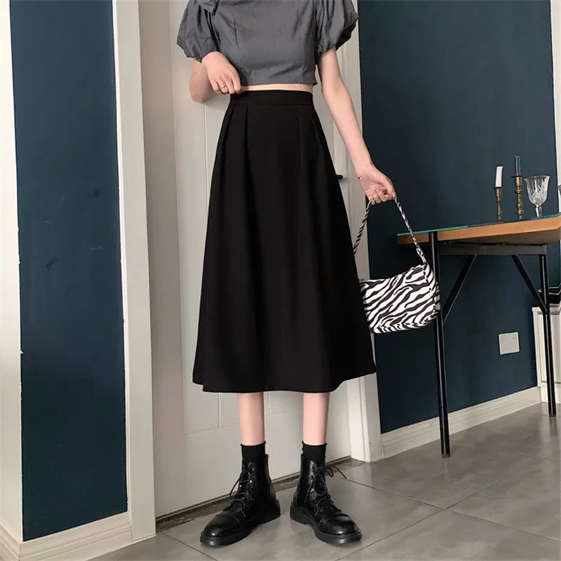 

Limiguyue Spring Retro Pleated Skirt Women elastic waist solid midi skirt fashion Casual Loose Ladies Black Falda Tableada K287