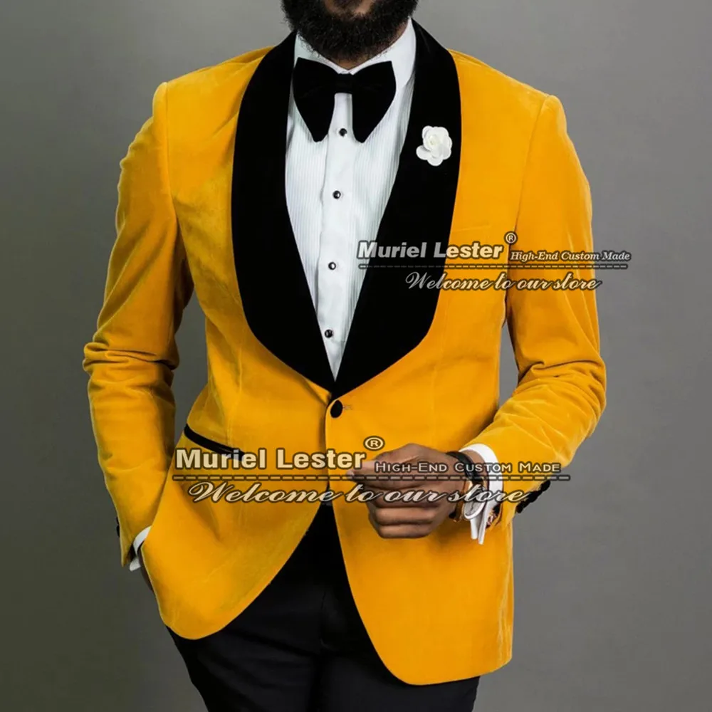 Золотые мужские костюмы приталенные бархатные блейзеры с черным Лапле + брюки из