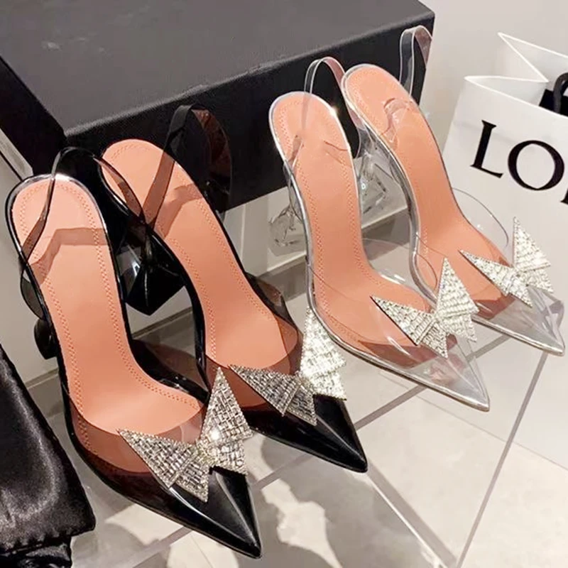 

Женские сандалии с ремешком на пятке, декоративные туфли-лодочки из ПВХ, на тонком шпильке, с кристаллами и бантом, с ремешком на пятке, цвет ...