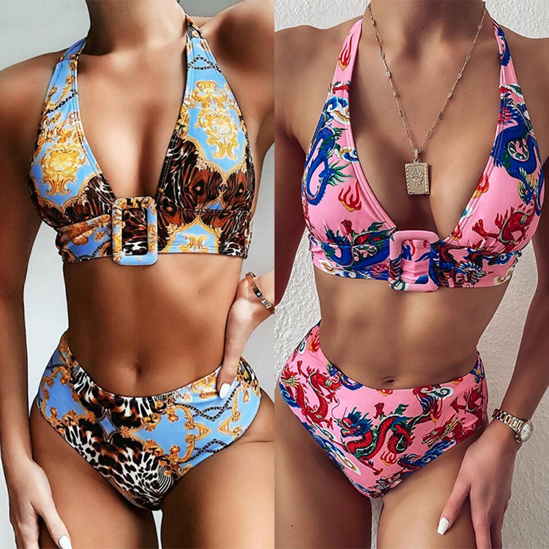 

New Paisley Print Swimsuit Female High Waist Bikini Set 2020 Retro Triangle Swimwear Women Summer Bathers Halter Golden Bikini