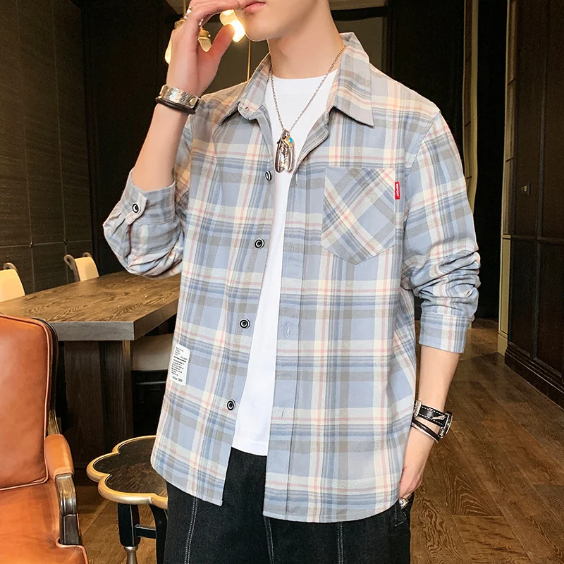 

Long Sleeve Shirt Men's 2021 New Korean Classic Check Handsome Shirt Student Class Casual Shirt Fashion