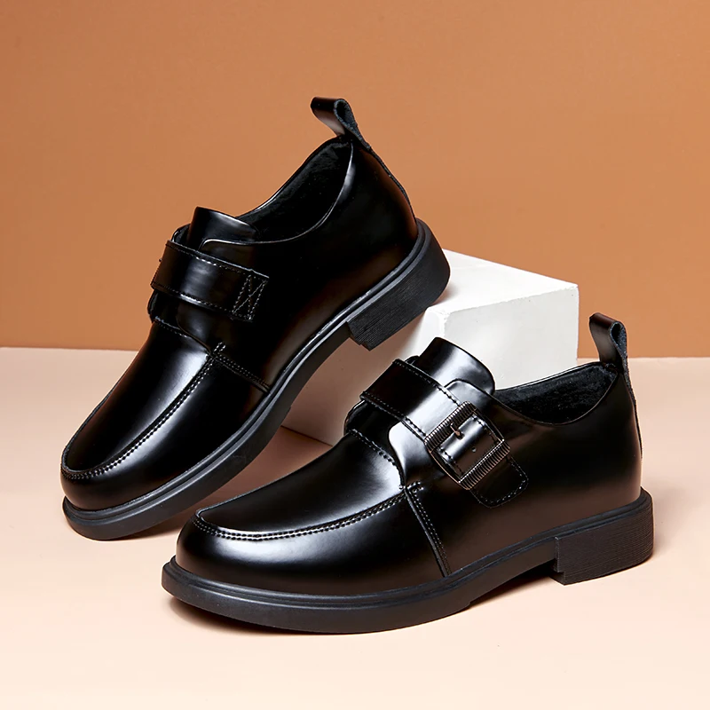 

Kid Casual Shoes for Unisex Black Leather Loafers Boy Fashion Girls Princess Shoes Buckle Strap Teenage Performance Dress Shoe