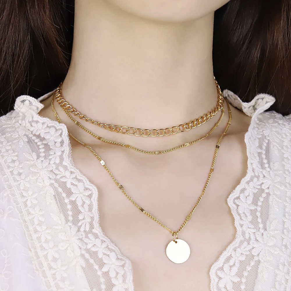 

Fashion Multilayer Clavicle Chain Short Necklace Pendant Sweater Chain Female Dot Three Layer Cubana Hip Hop Punk Necklace