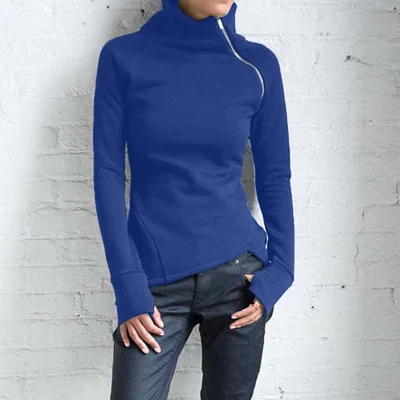 

Spring Autumn Casual Solid Hoodies Women Long Sleeve Turtleneck Zipper Sweatshirts Female Irregular Tops 2020