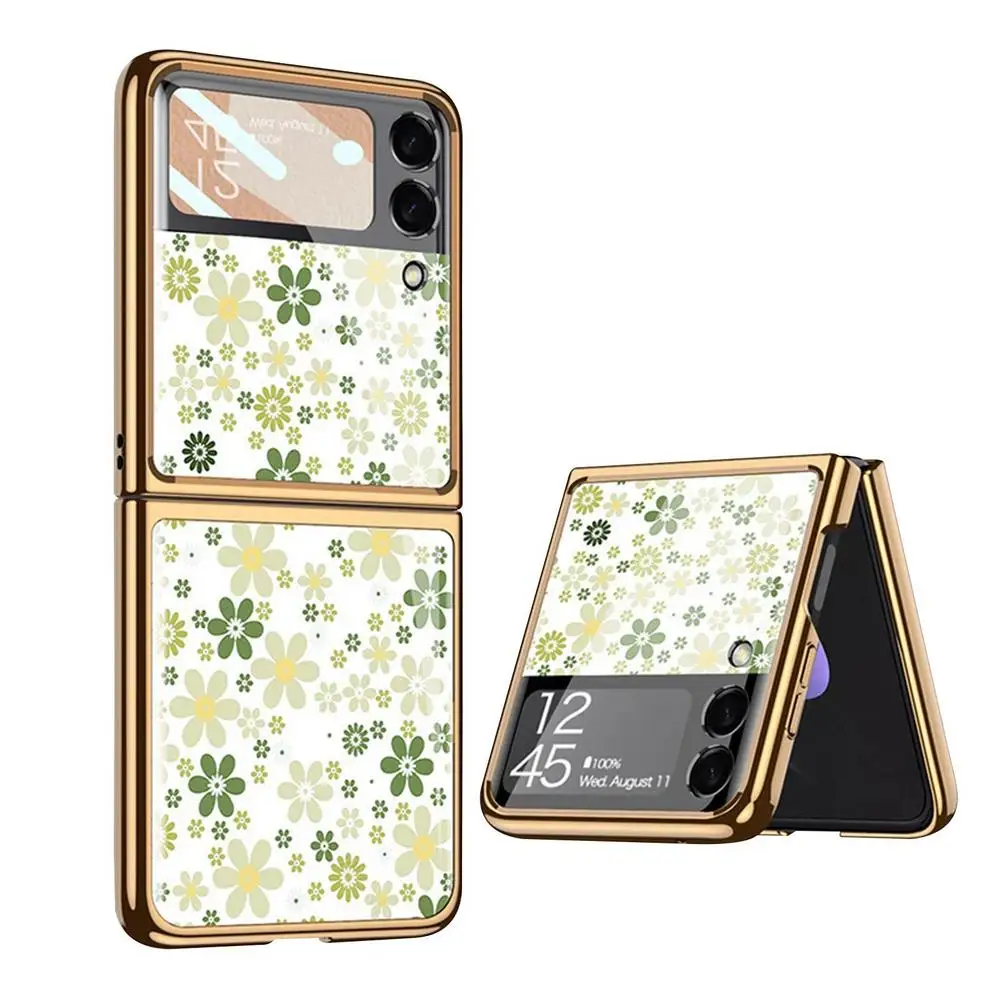 z flip 3 case for samsung galaxy z flip 3 5g glass painted phone case fashion floral back cover case for samsung phone fundas free global shipping