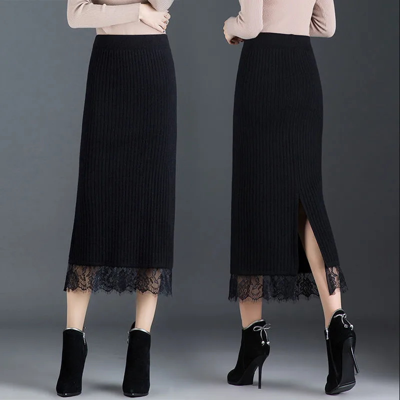 

Elegant Women Solid Color Skirt, Elastic High Waist Ribbed Lace Hem Knitwear Skirt for Spring Autumn, Women Clothing