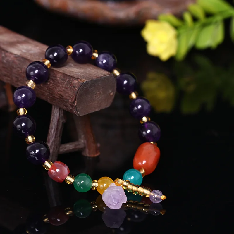 Браслет из натурального аметиста и бусин эластичная веревка аквамарин агат