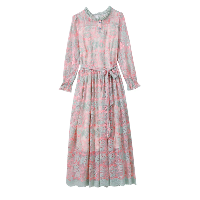 

Новинка сезона весна-осень 2021, женское элегантное тонкое длинное платье LUKAXSIKAX, высококачественное милое кружевное платье контрастных цвет...