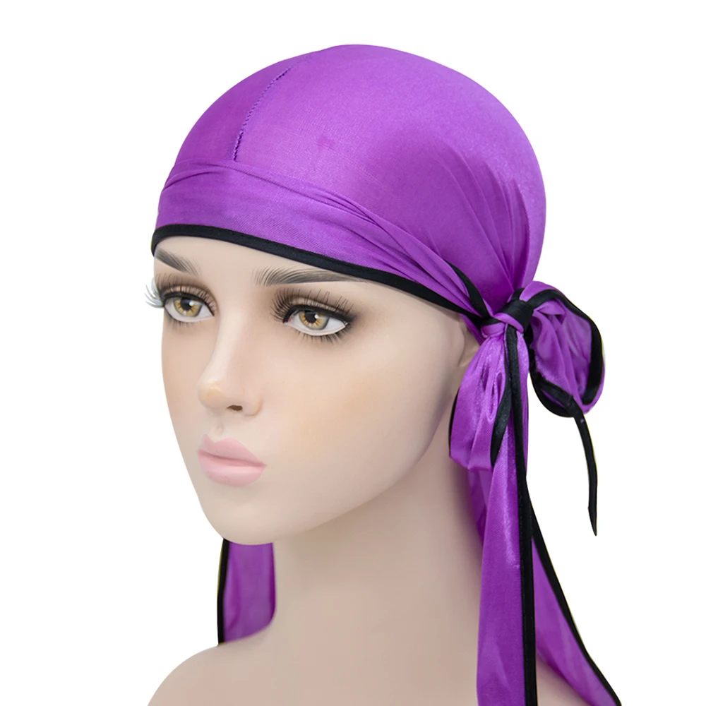 

New Fashion Pure Color Breathable And Comfortable Men And Women Hip-Hop Style Long Tail Turban Hat Silk Long Ribbon Silky Durags