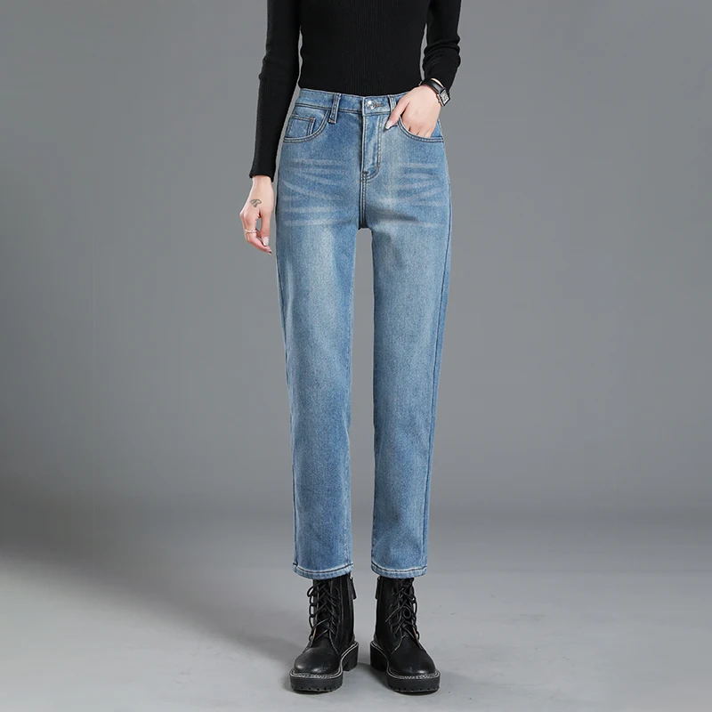 

2021 Women Vintage Jeans Lady Fashion Winter Warm Pants Students High Waist Straight Punk Blue Stretch Korea Casual Trousers
