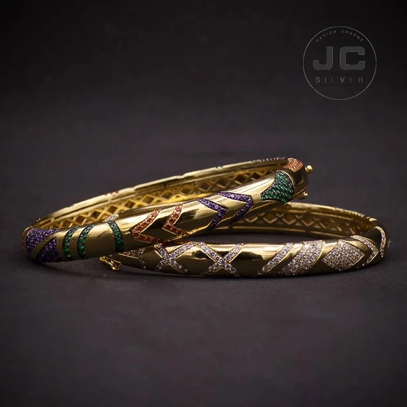 JC New Fashion Charms Sterling silver Original Engraving Yellow Silver Paved Bangle For Women Glamour Jewelry Gift | Украшения и