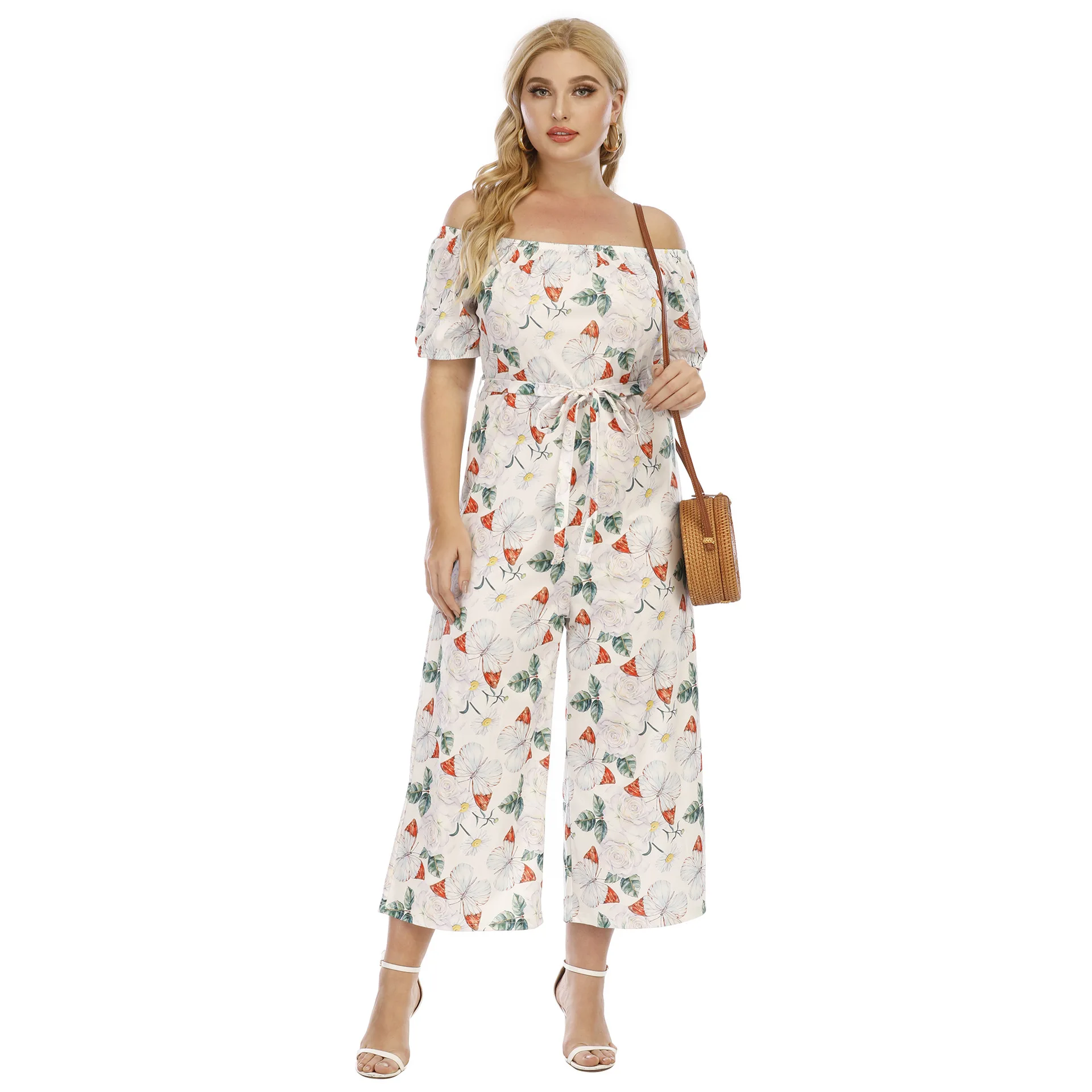 

Cross-border Plus Size Women's Casual One-piece Butterfly Print One-way Neck Tie Wide Loose Nine-point Wide-leg Jumpsuit Women