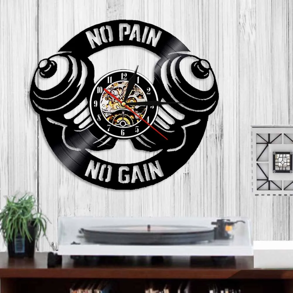 Тренажерный Зал Настенные часы тренировки гантели силуэт виниловая Запись без