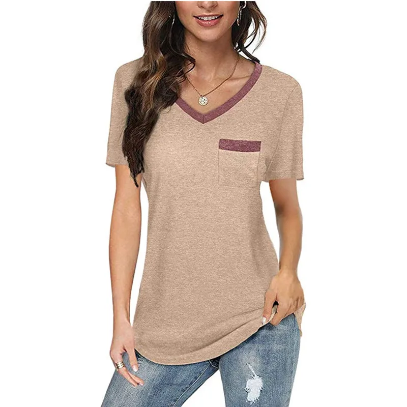 

New 2021 Summer T shirt Streetwear Casual Short Sleeve Fasdhion Pocket Tee Shirts Patchwork V-Neck Loose Female Tshirt Plus Size