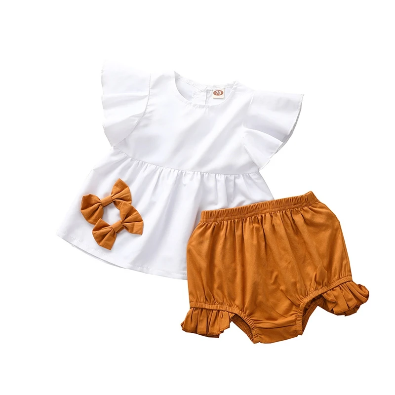 

Baby Girls Short Suits Fly Sleeve Bowknot Tops Solid Ruffle Shorts Set 2020 New Summer Cute Girl Casual Clothes Fashion Outfits
