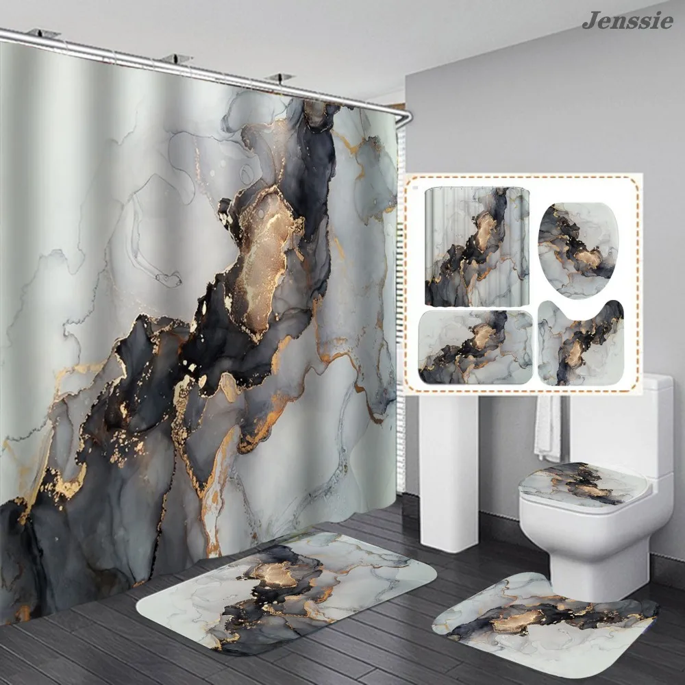 

Fashion Ink Color Marble Print Waterproof Shower Curtains Bathroom Floor Mat Toilet Seat Toilet Lid Cover Bathroom Accessories