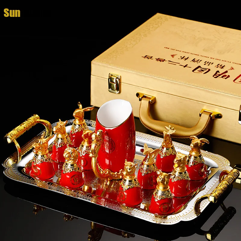 

12PCS/set Chinese Style Twelve Beast Head Ceramic Wine Glass Dispenser Set Exquisite Household Vodka Whiskey Spirit Wine Glass