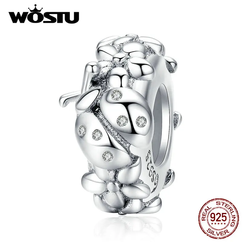 WOSTU 925 пробы Серебряный цветок Божья коровка силиконовые пробки Бусины разделитель Шарм Подходит браслет кулон ювелирные украшения CTC112