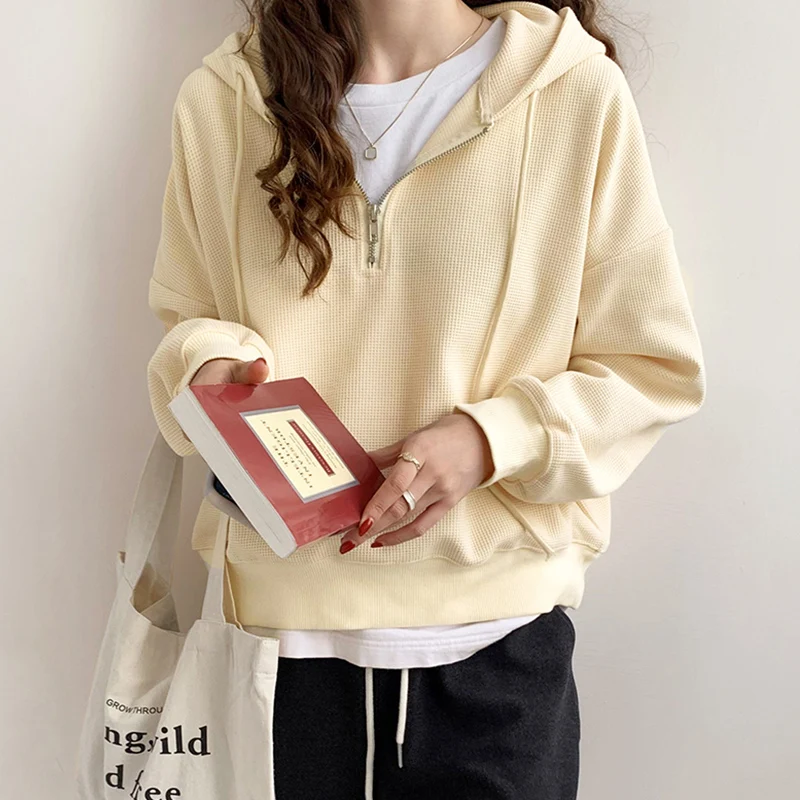 

Hooded sweater women's autumn thin 2021 new joker white loose Korean waffle long sleeve top