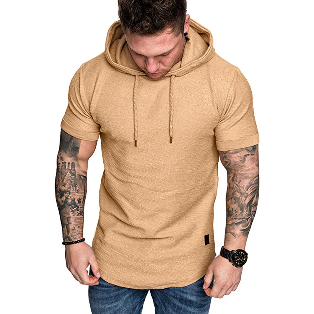 

Stylish Men Solid T Shirts Hooded Sweatshirts 2020 Summer New Hoodie Short Sleeve Slim Tops Casual Workout Fitness T-Shirt