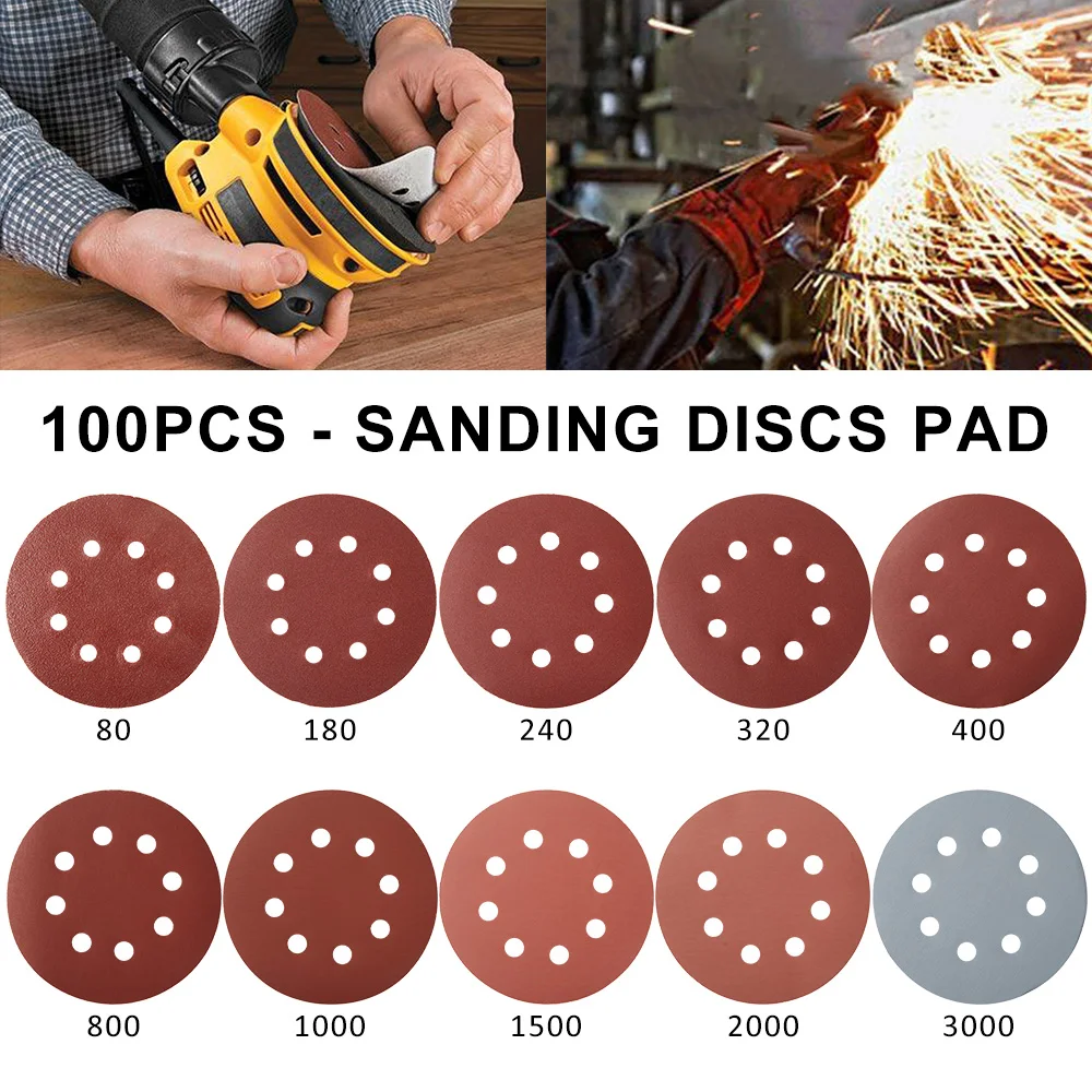 

100Pcs 5inch Round Shape Sanding Discs Hook Loop 10Style Sanding Paper Buffing Sheet Sandpaper 8 Hole Sander Polishing Pad Tools