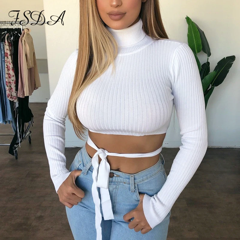 Женский укороченный топ FSDA белый Повседневный Черный Топ с длинным рукавом и