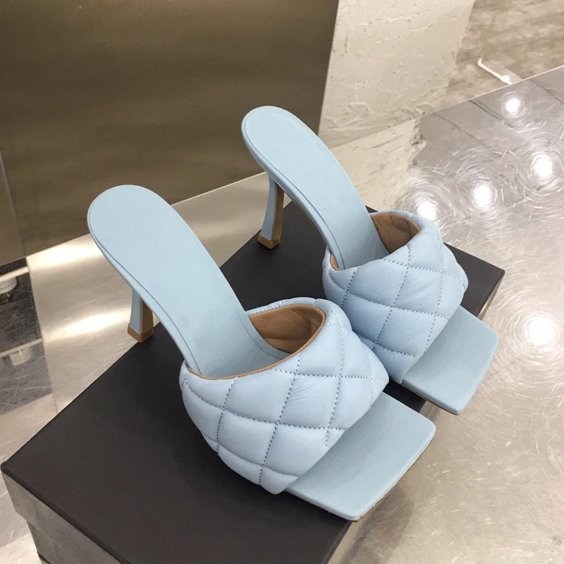 

Prowow Genuine Leather High Heel Slippers Women Pumps Square Toe Shoes Woman Runway Shoes Stiletto Weave Design Shoes