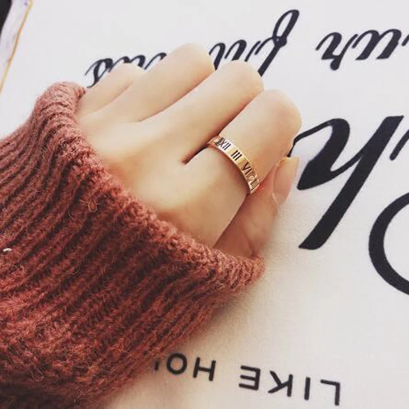 

New Titanium Steel Jewelry Elegant Temperament of Hollow Out Lucky Roman Numerals Rose Plating Ring for Women