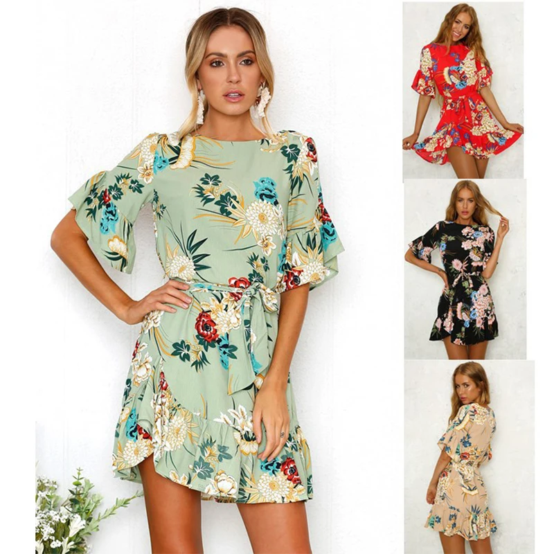 Женское летнее платье с оборками на рукавах мини-платье цветочным принтом в