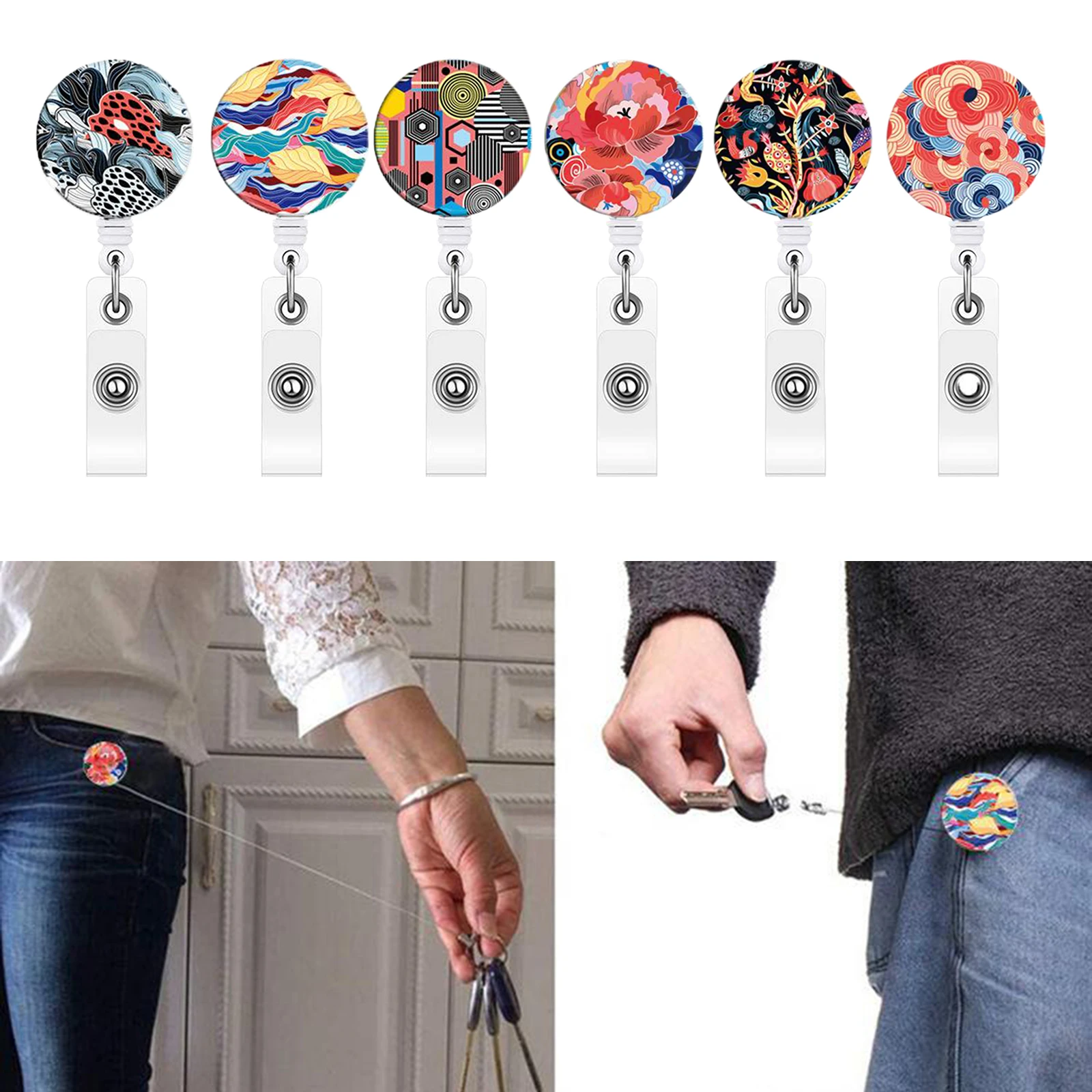 

3PCS Flower Pattern Badge Reel Nursing Retractable Badge Holder Keychain Carabiner with Alligator Clip on ID Card Holders